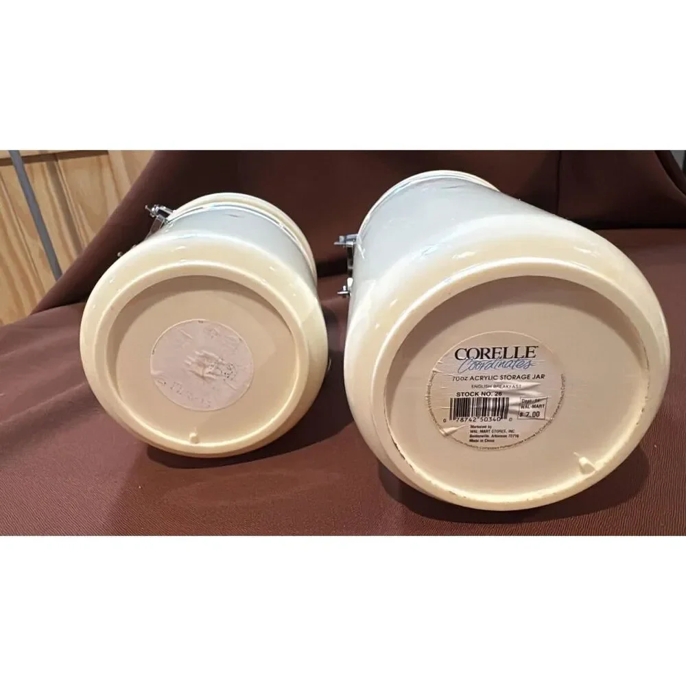 2 Corelle Coordinate English Breakfast Acyclic Storage Jars 48 Oz. amd 58 oz.